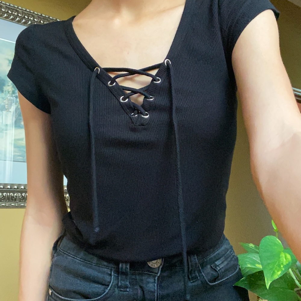 Black Lace-up Blouse
